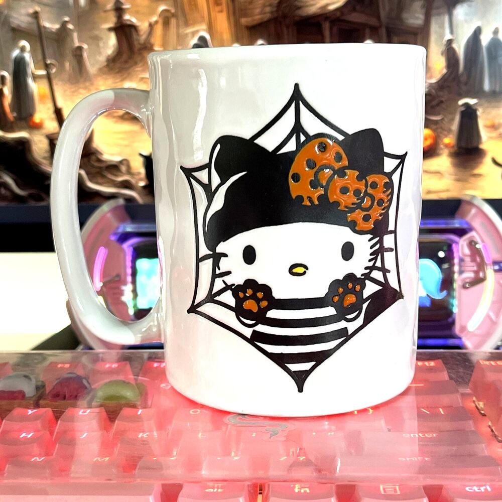 Hello Kitty Halloween Mug Bandit White Orange Black Cobweb 17oz 2024 Sanrio